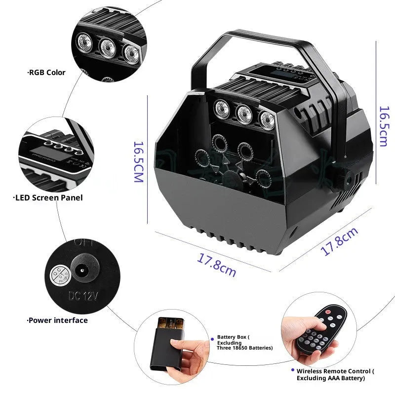LED mini plastic small bubble machine with 15W rating, IP20 protection, 100-240V voltage, and US power supply
