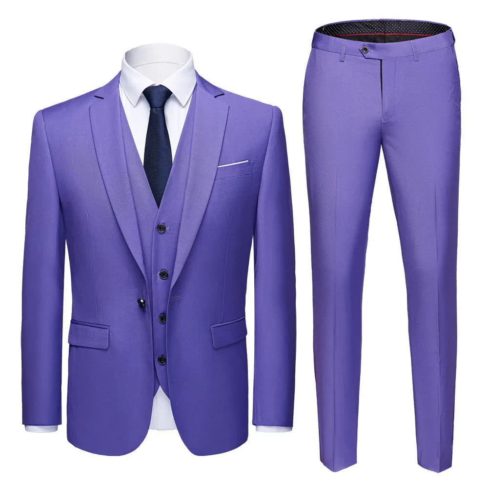 Men's business suit set with single-button placket, flat collar, and back slit, in black, blue, khaki, purple, red, or yellow