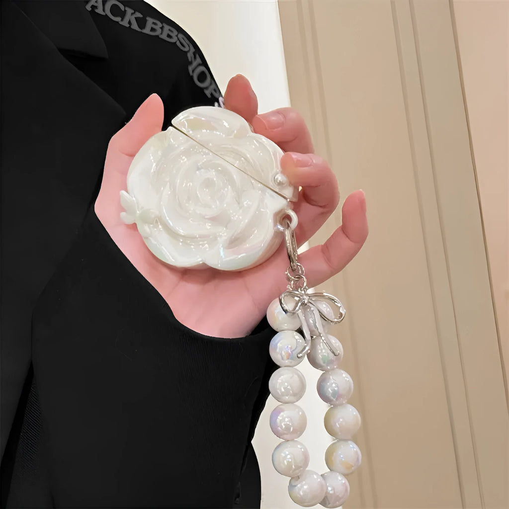 Laser pearlescent white camellia silicone earphone case for Apple AirPods with lanyard