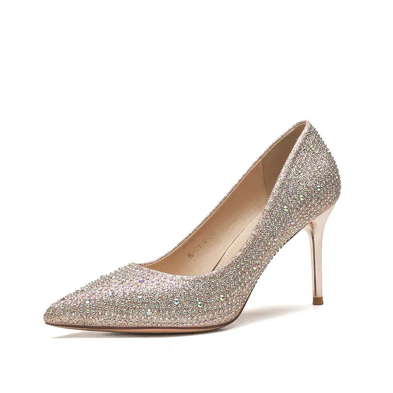 Gold crystal high heel stiletto pump with rhinestone and sequin decoration
