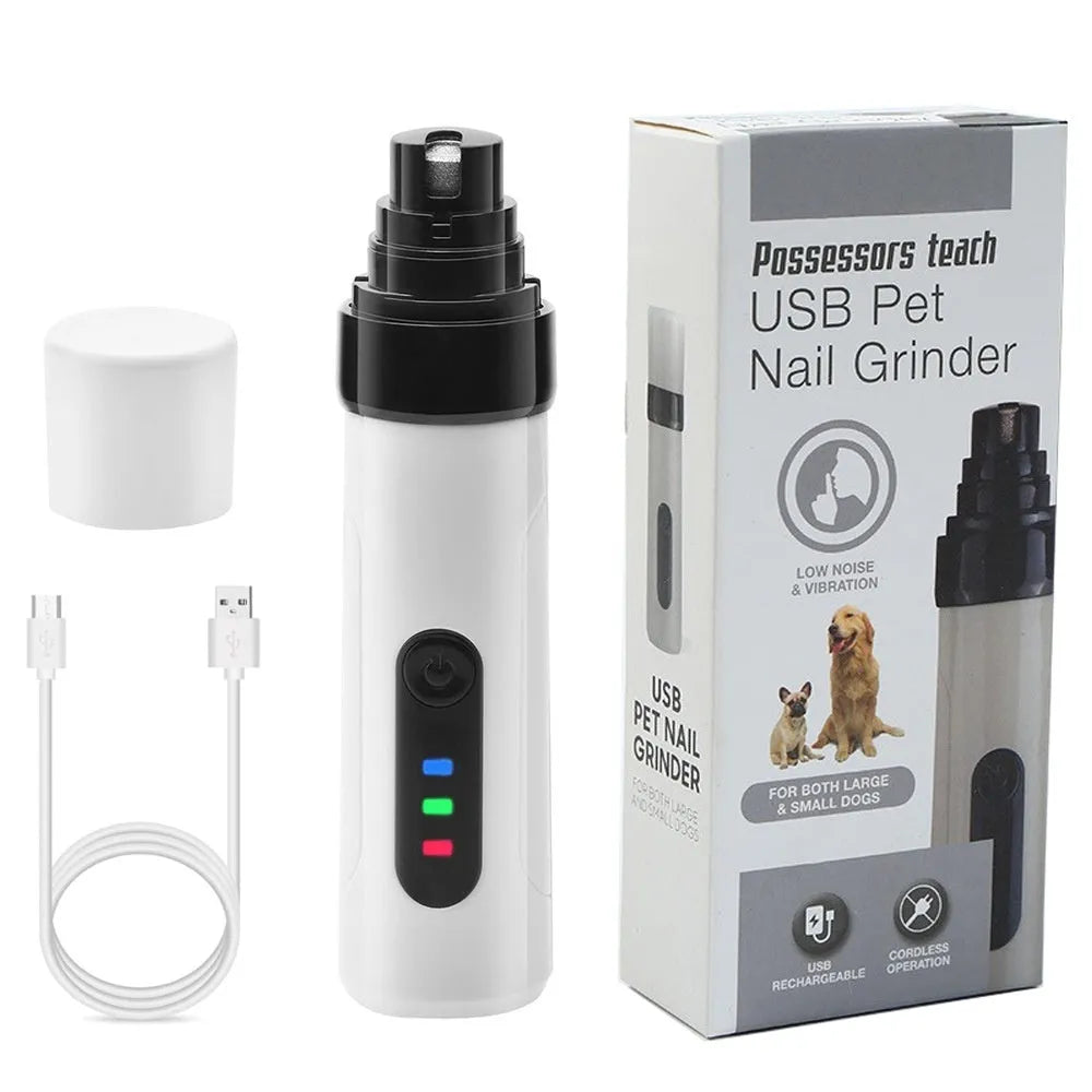 White and grey electric dog nail grinder with LED lights on a blue background