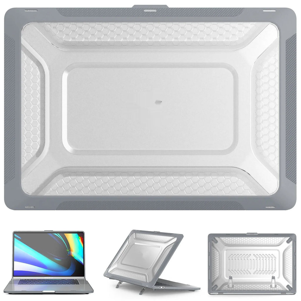 MacBook protective case in four colour options: cold black, grey, apricot, and blue.
