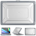 MacBook protective case in four colour options: cold black, grey, apricot, and blue.