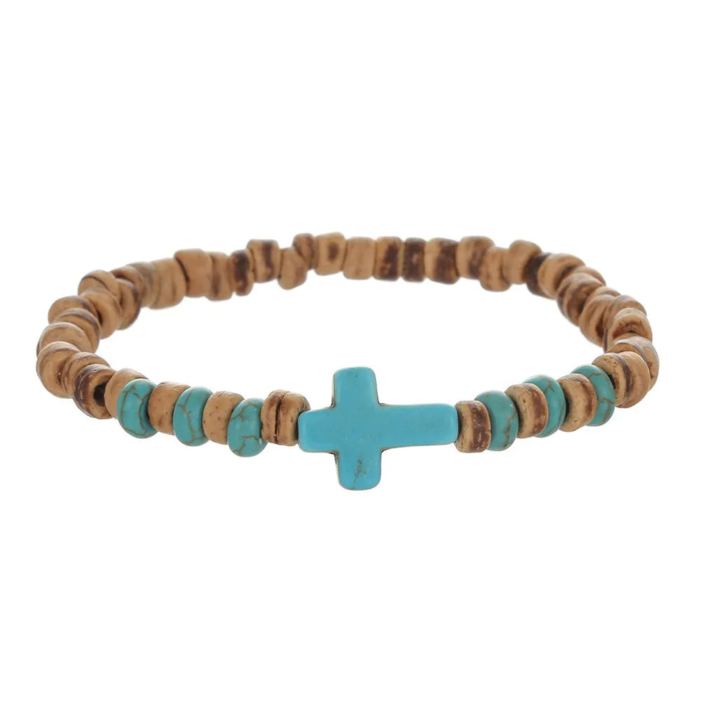Hand-woven unisex wood bracelet with turquoise accents and totem pattern