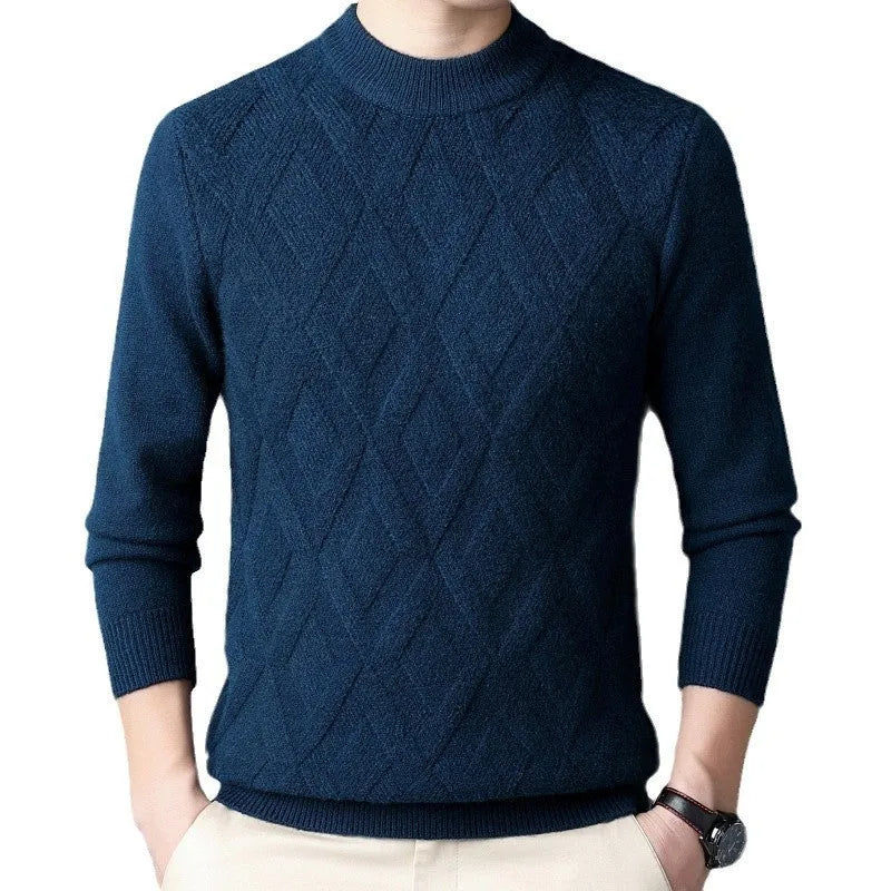 Men's thick diamond jacquard knit sweater in light camel colour, a plus-size winter pullover.