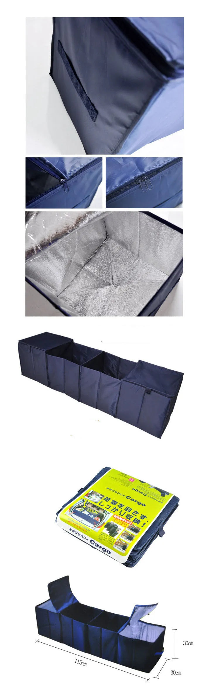 4-compartment foldable multipurpose car storage box in black oxford fabric, measuring 115x30x30cm