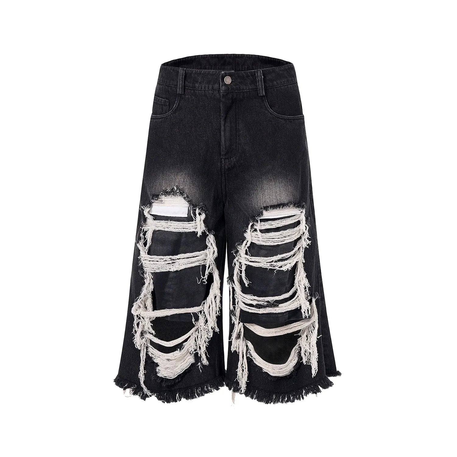 Black cropped wide-leg women's jeans with ripped patches on the knees.