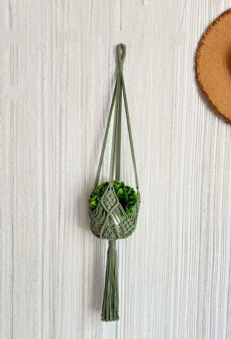 Hand-woven flower pot net pocket extension cord in brown polyester cotton