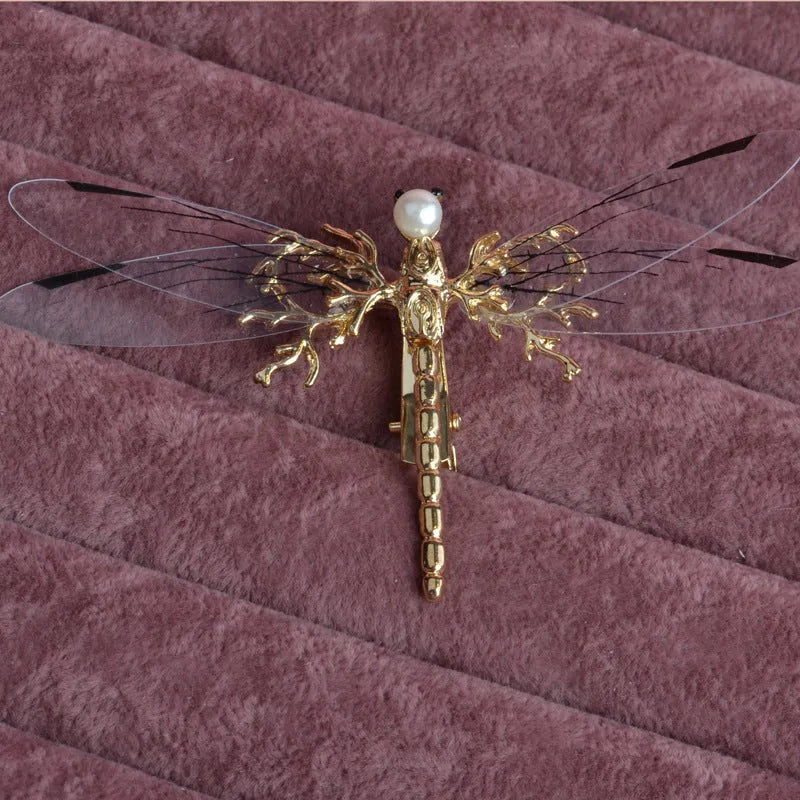 Golden dragonfly-shaped side clip headdress for women with electroplated alloy construction