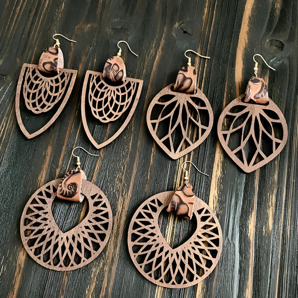 Retro wooden hollow mandala exaggerated drop earrings with geometric round pattern, unisex style