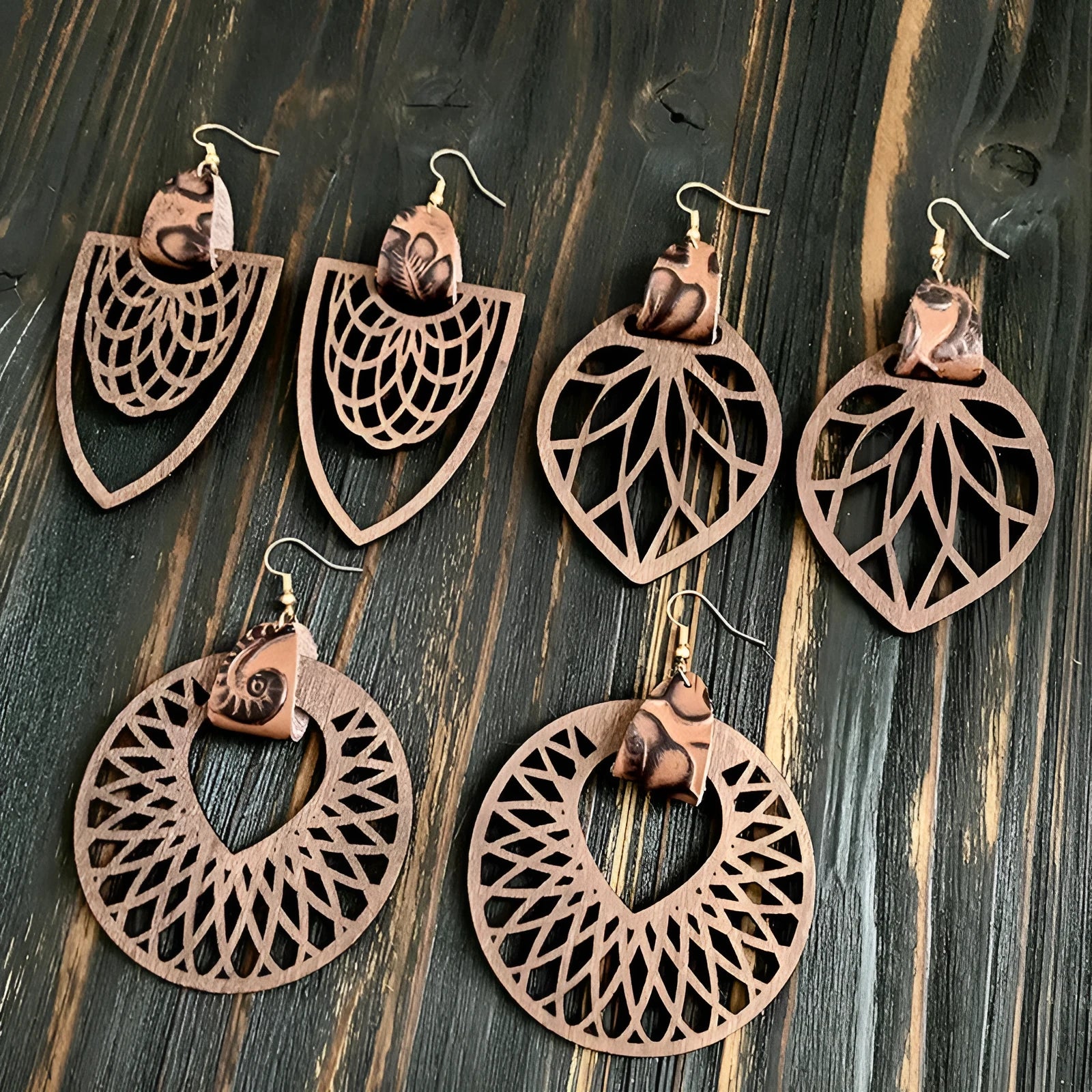Retro wooden hollow mandala exaggerated drop earrings with geometric round pattern, unisex style
