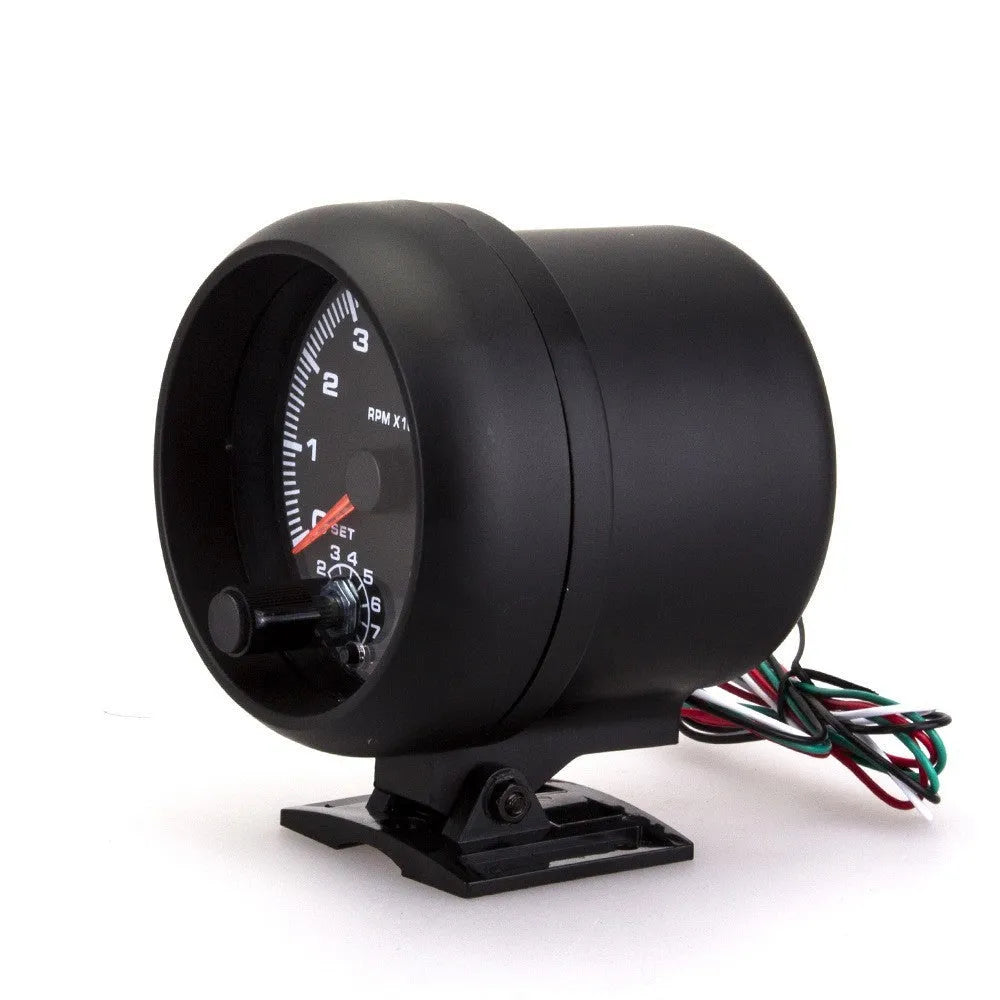 Black automotive tachometer with blue light pointer display showing 95mm diameter