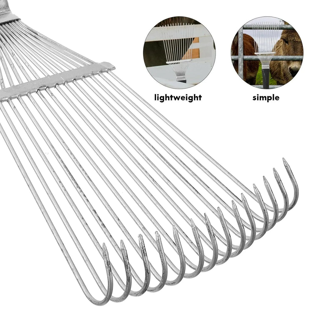 Black stainless steel pet dematting brush rake comb with curved teeth for grooming dogs and horses.