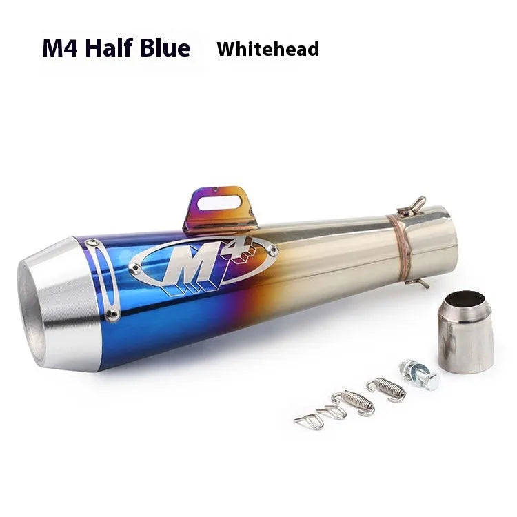 Universal M4 motorcycle exhaust pipe in multiple finish options including black, white steel, titanium and blue