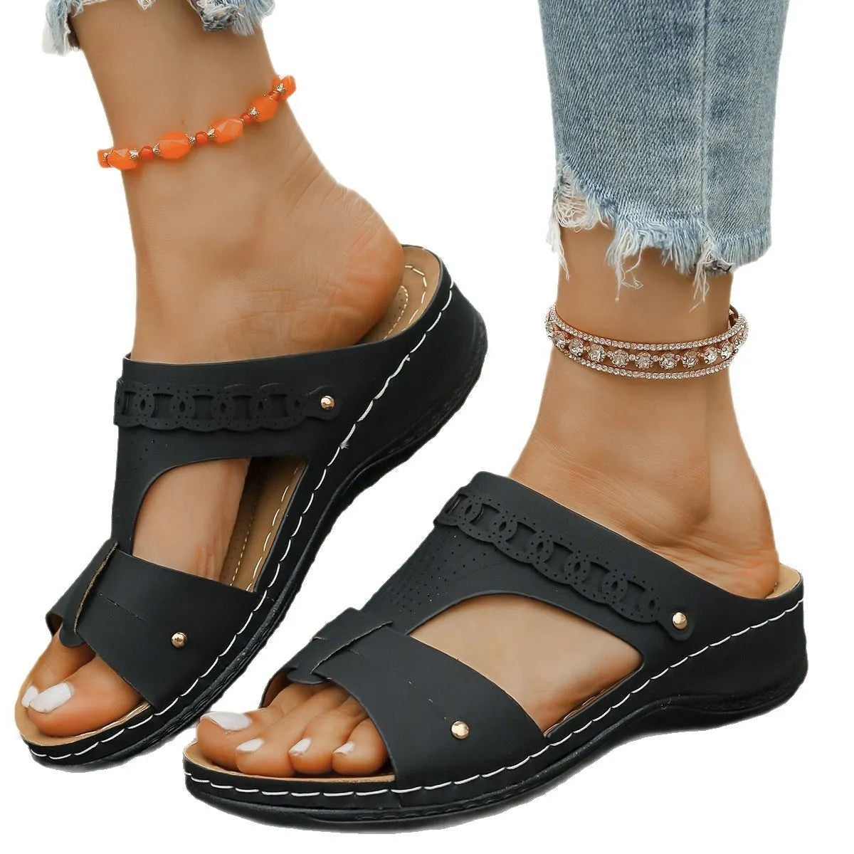 Roman style slippers with slope heel and fish mouth toe holder in multiple colour options