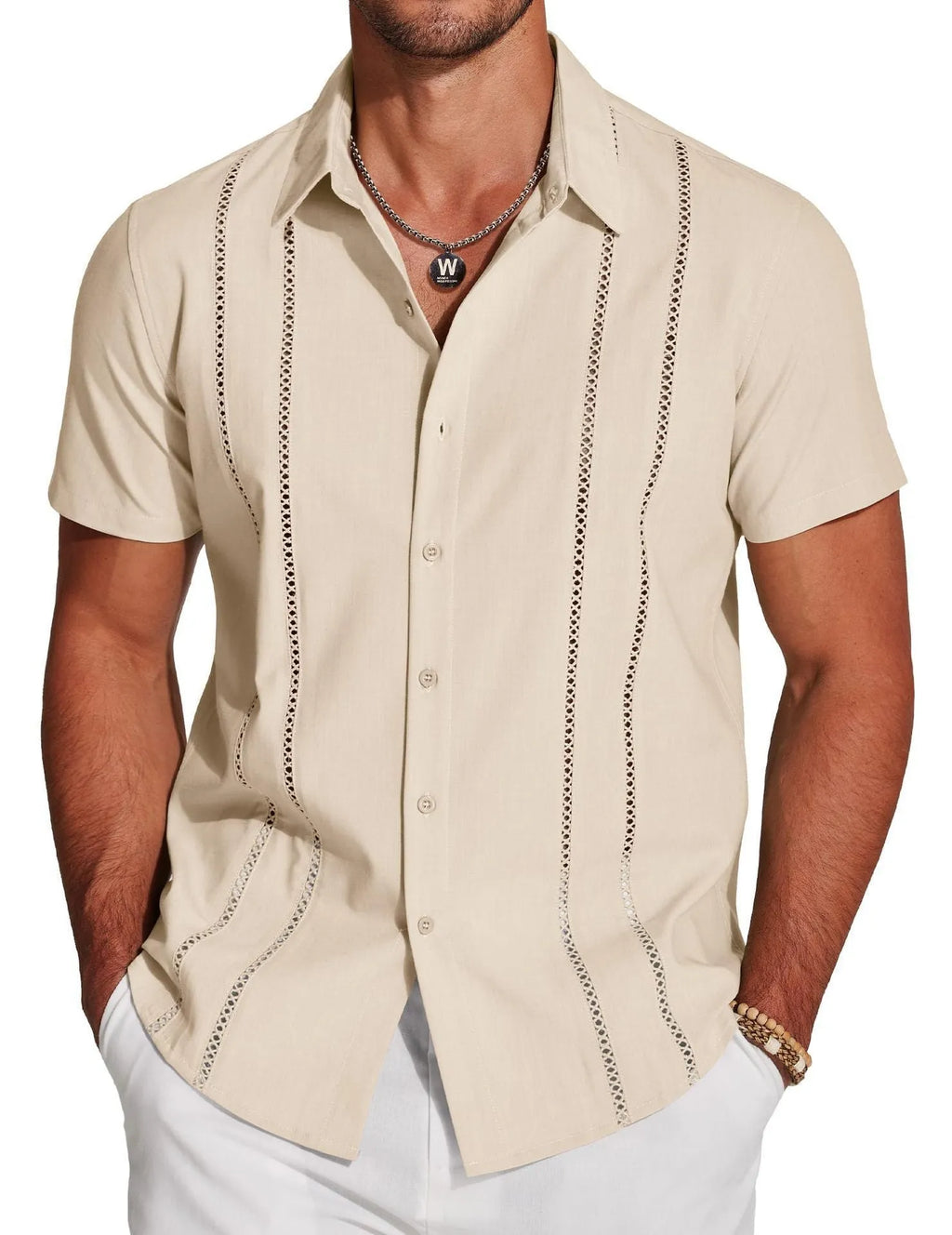 Men's slim fit short sleeve Hawaiian shirt with digital print pattern on elastic polyester fabric.