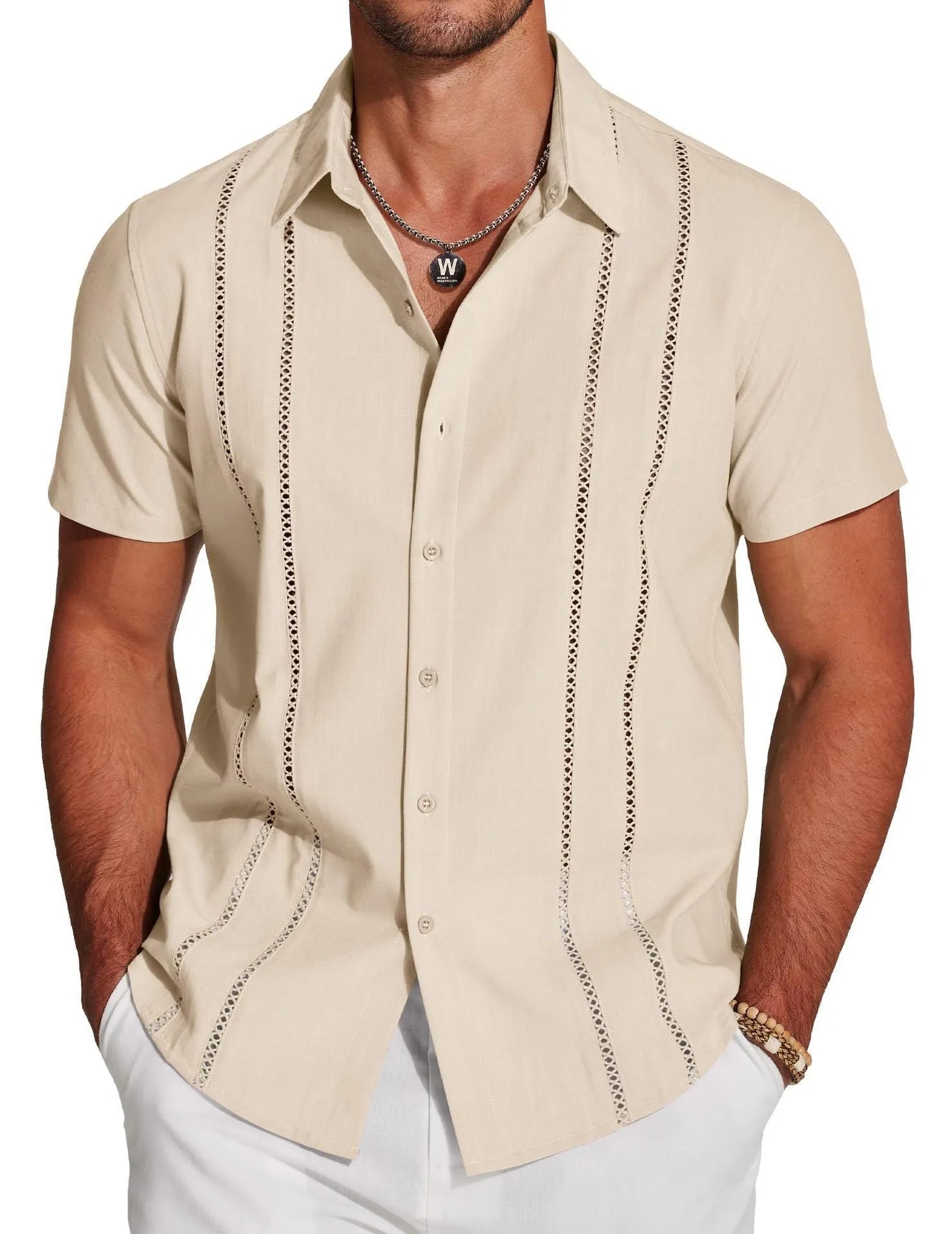Men's slim fit short sleeve Hawaiian shirt with digital print pattern on elastic polyester fabric.