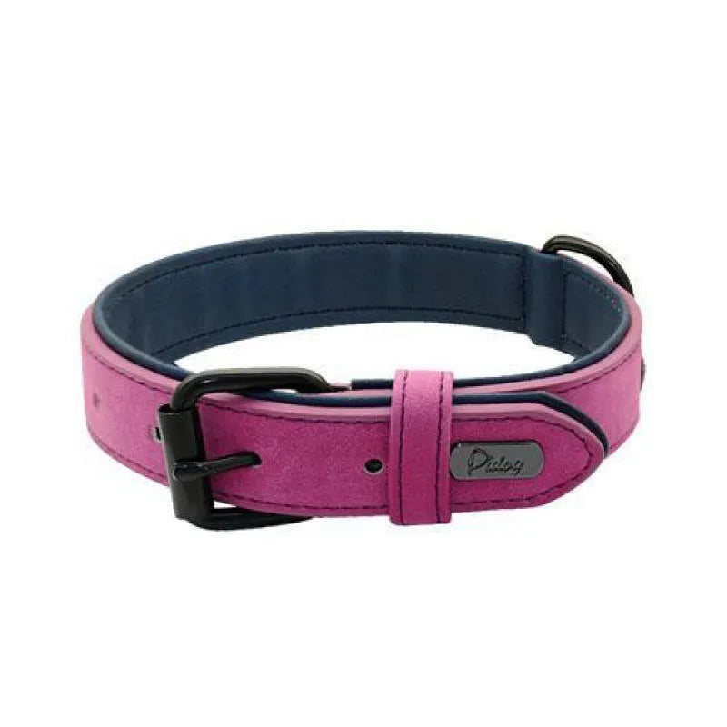 Adjustable dog collar showing PU front and microfiber back in purple colour