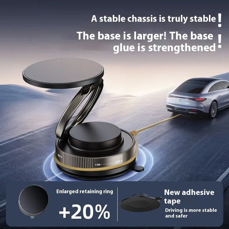 Alloy car phone holder with vacuum adsorption base and magnetic mount for dashboard or windscreen in black