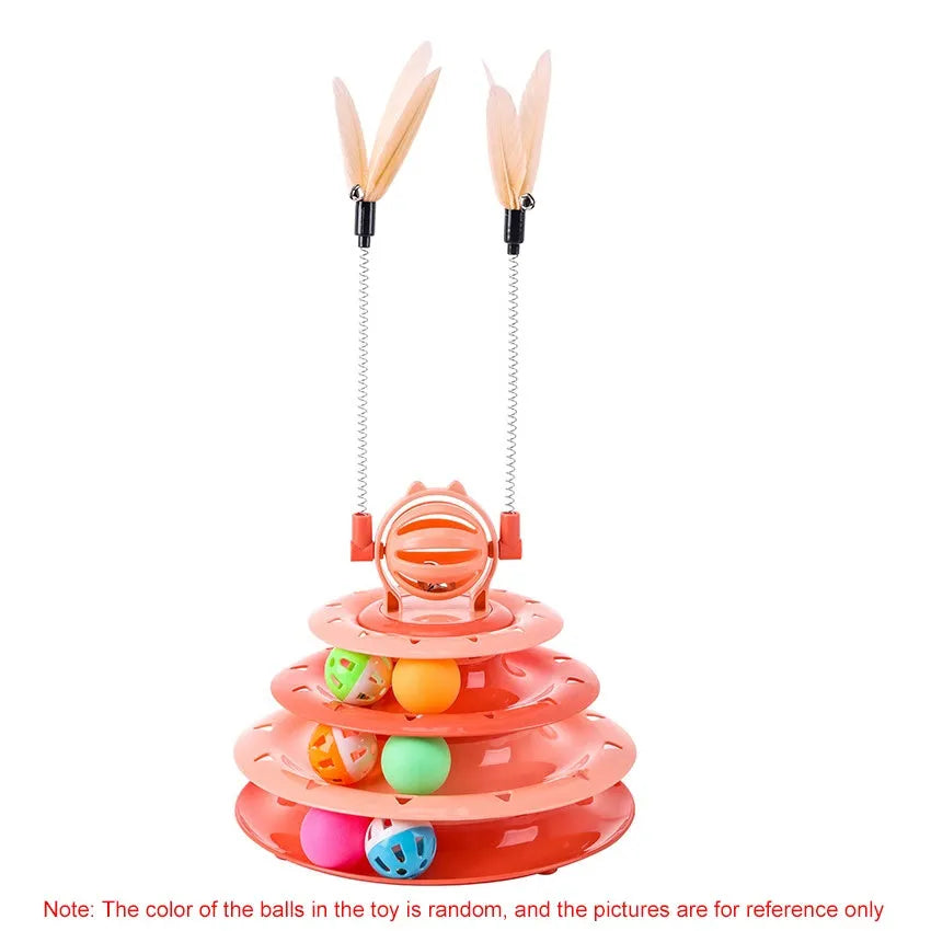 Blue 4-tier cat puzzle toy with 6 sliding balls and teasing rods on circular track