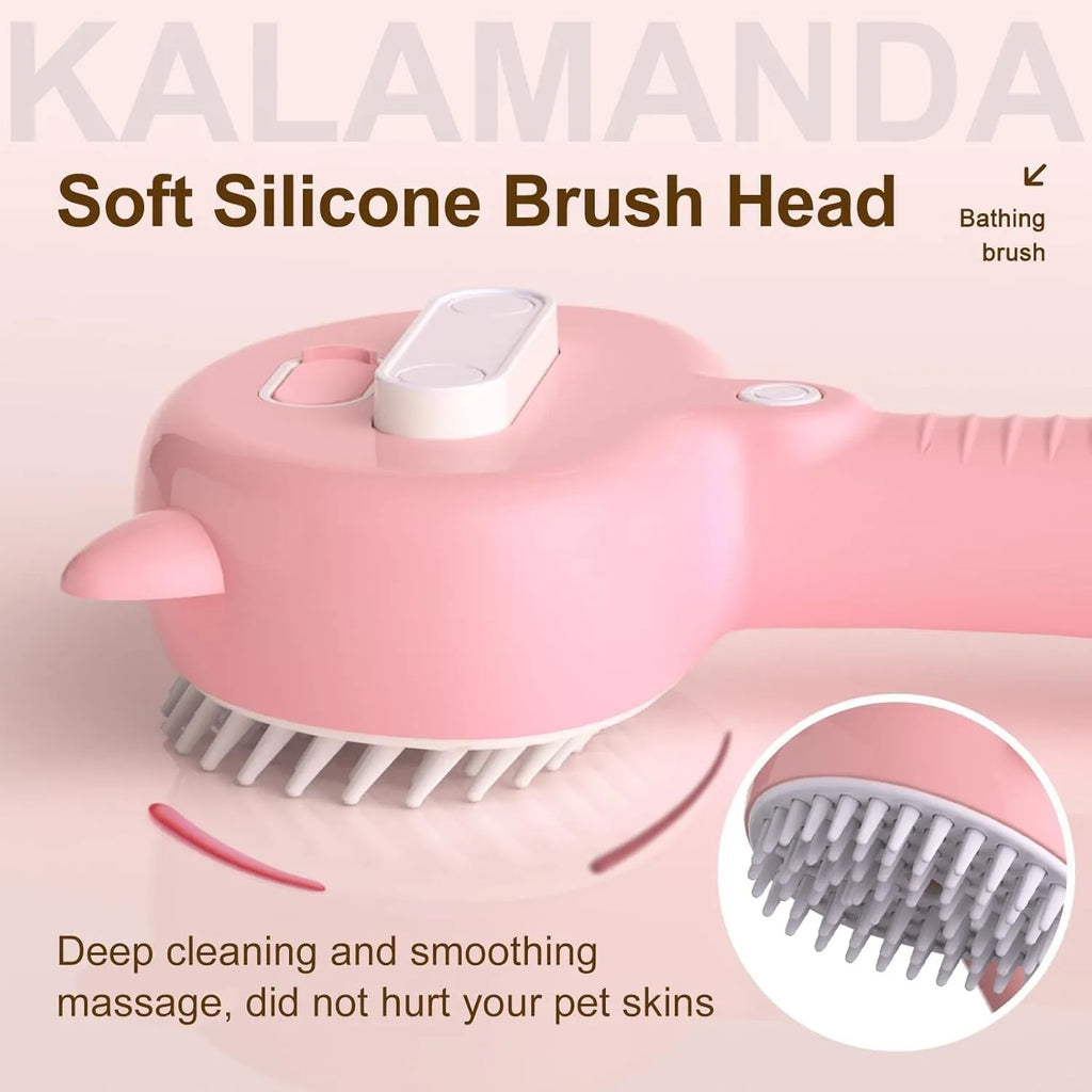 Blue cat steam brush with cat ear design and rubber bristles for pet grooming