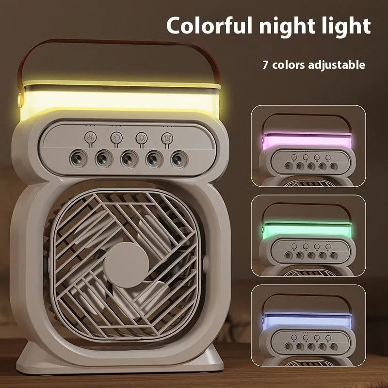 3-in-1 portable evaporative air cooler with 7-colour LED night light, USB-powered fan humidifier in white