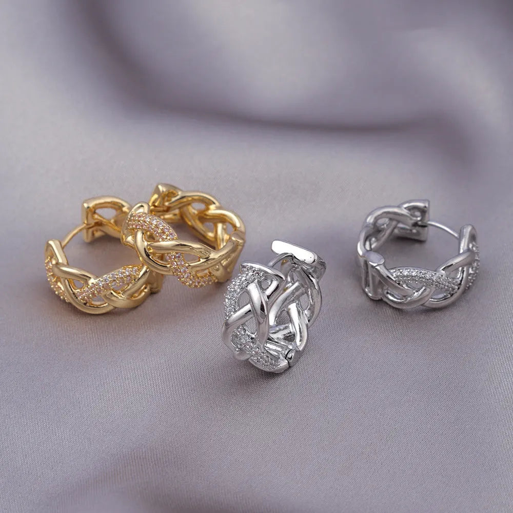 Pair of micro zircon-encrusted woven twisted stud earrings in gold real gold plating finish