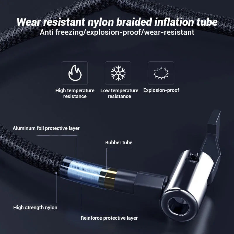 Compact wireless digital tyre inflator pump with screen, LED light, and four air nozzles on a black background.