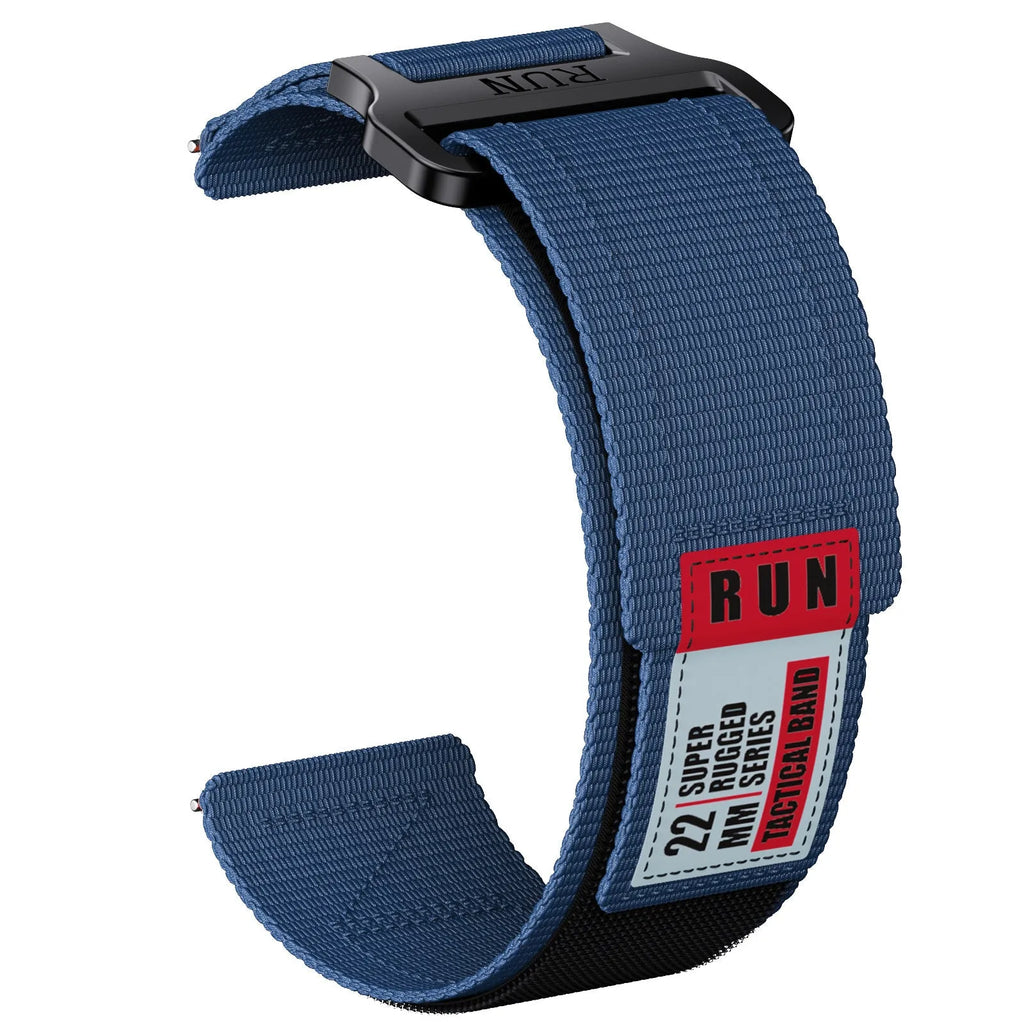 Black nylon woven sports tactical watch strap with metal buckle on a grey background