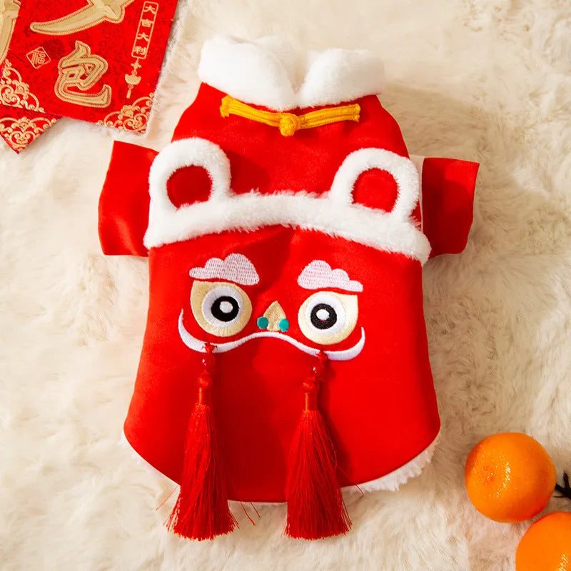 Lion Dance Pet Outfit red cotton-padded dog costume with embroidery and tassels for New Year