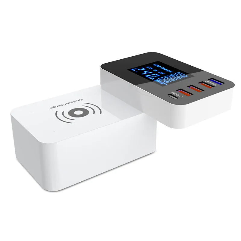 White multi-port USB fast charger with wireless charging pad and EU, UK, US plug adapters on a desk.