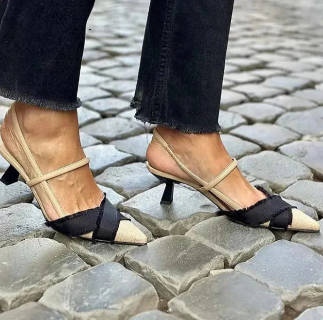 Women's apricot black colour block stiletto heel sandals with pointed toe and buckle.