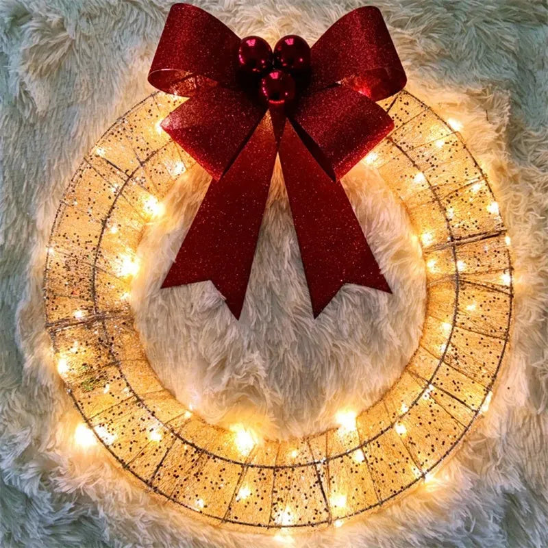 50cm handmade Christmas garland with bowknot, 140 LED warm lights, gold or green, for door or wall