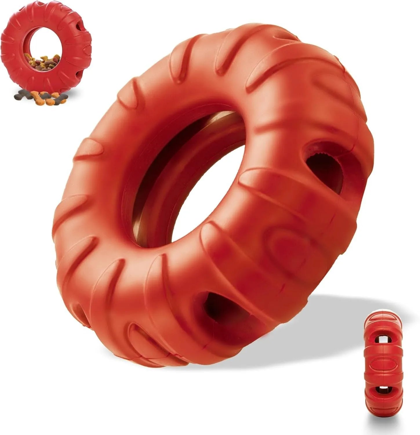 Blue tyre-shaped dog chew toy with oval openings for treat dispensing