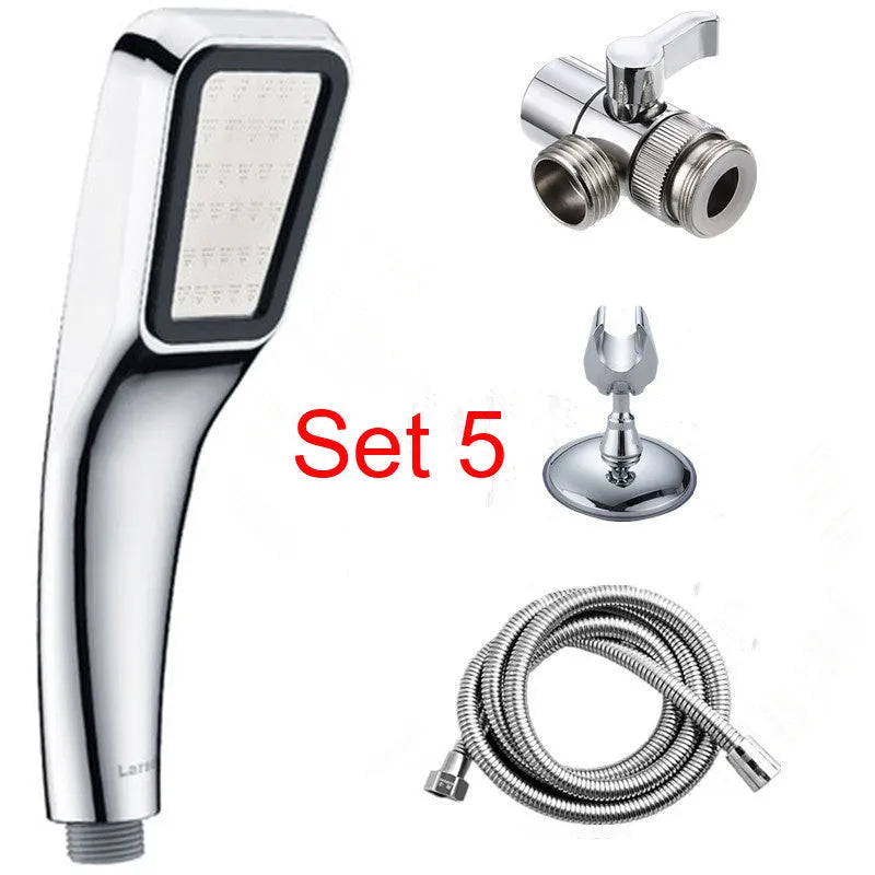 Orange hand-held pressurised shower set with rain function shower head and multiple components