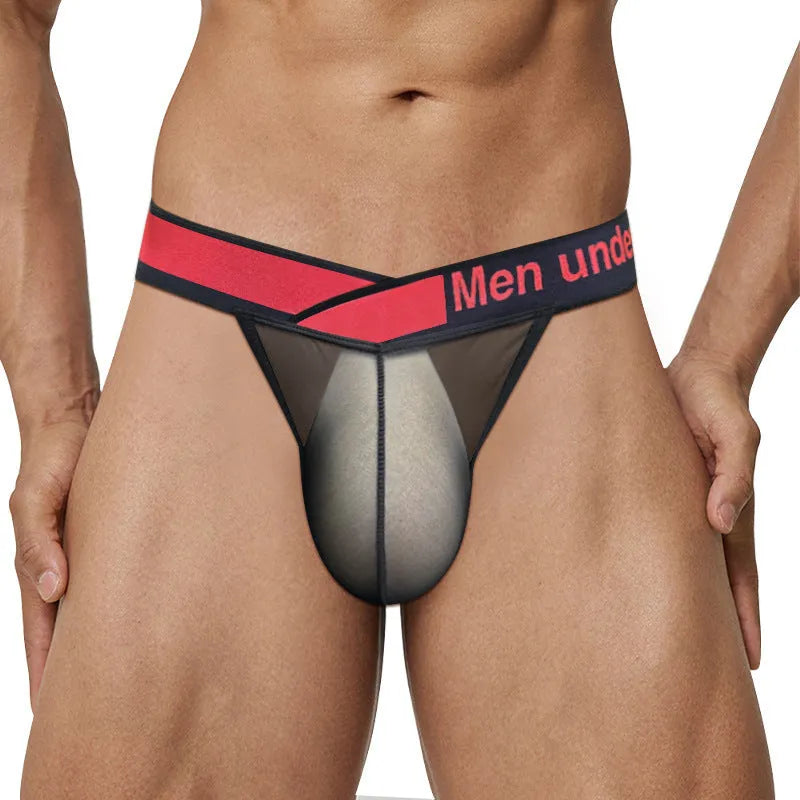 Men's red ice silk nylon briefs with a large V front and low waist design.