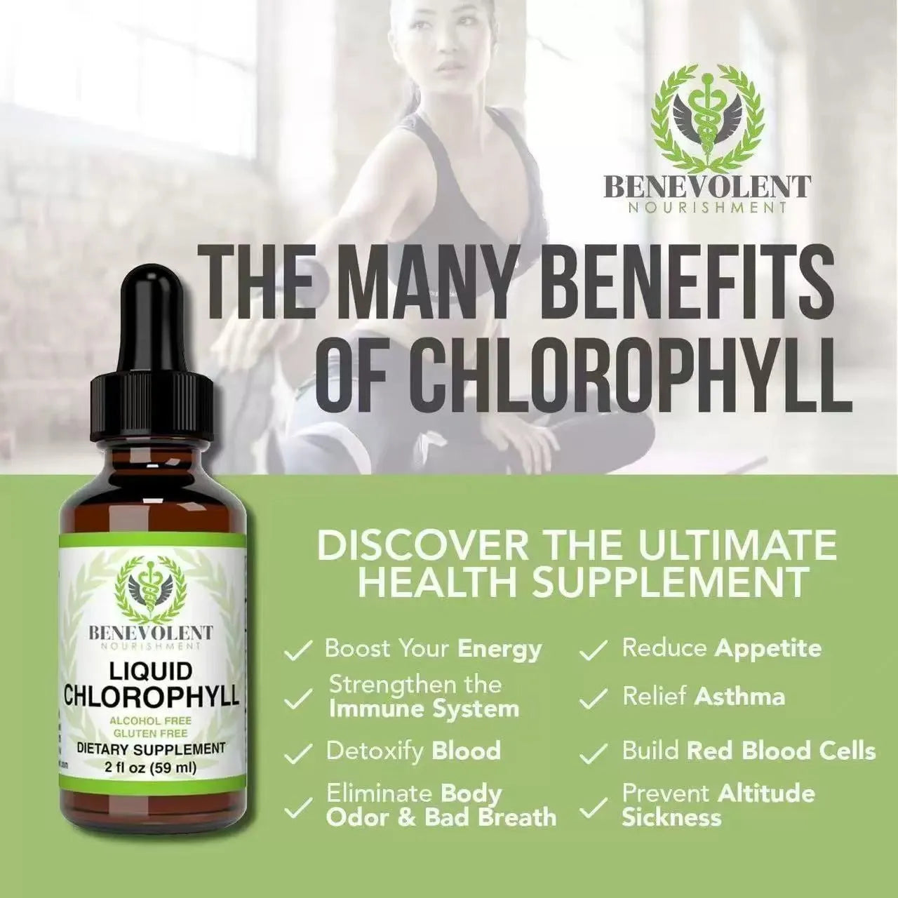 60ml bottle of natural chlorophyll drops with dropper for intestinal care and body odor support