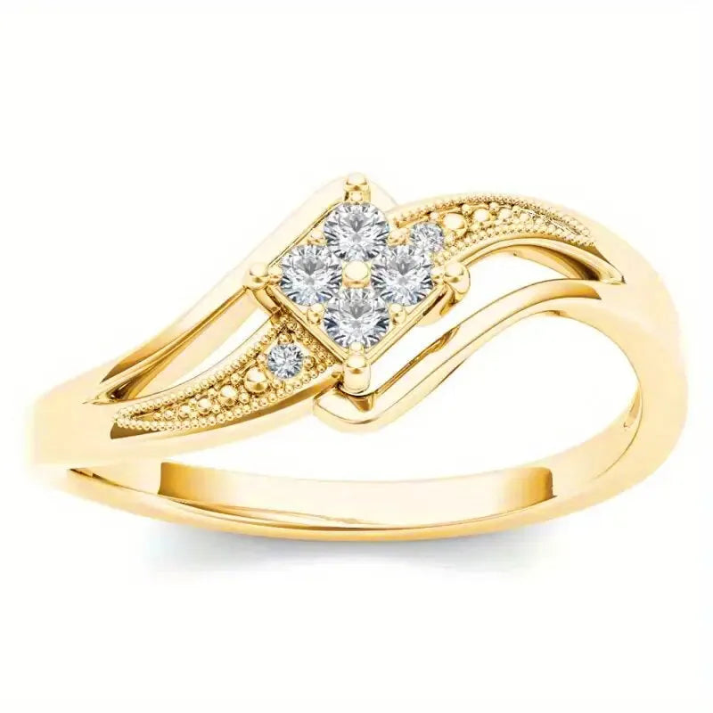 Yellow gold copper women's ring with diamond shape and micro inlaid zircon ornamentation.