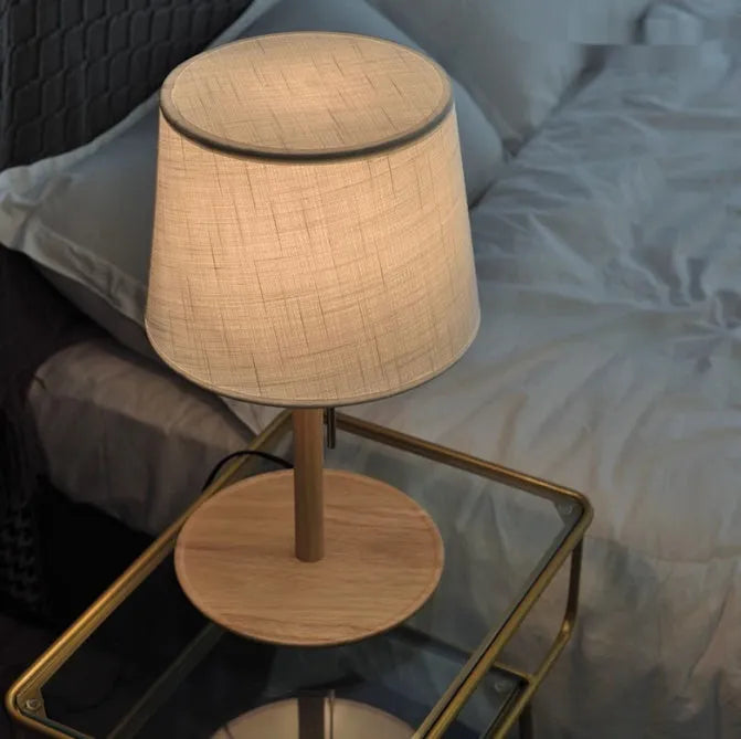 Walnut solid wood bedside table lamp with fabric shade and cable switch