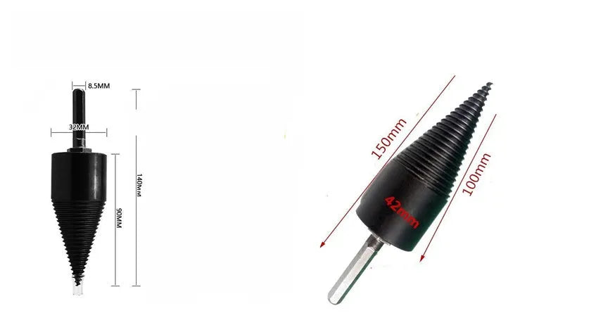 Close-up of a hardened steel hexagonal firewood splitting drill bit with a pointed tip.