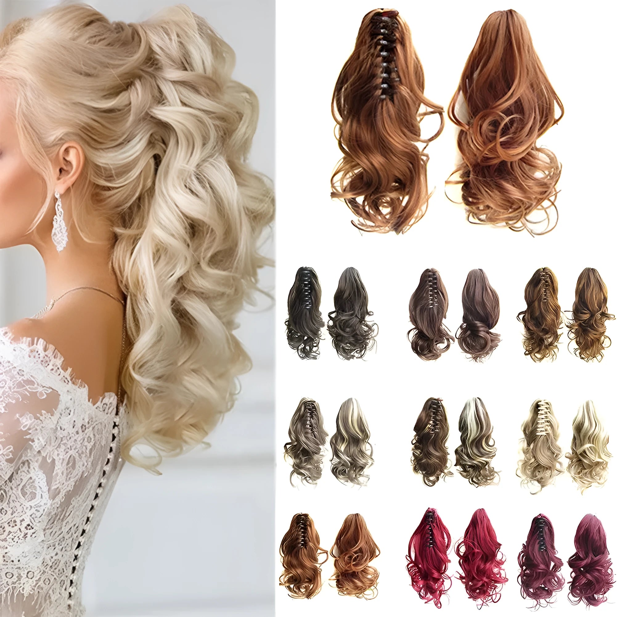 Long wave ponytail wrap-around clip in gray synthetic hairpiece with natural wave texture