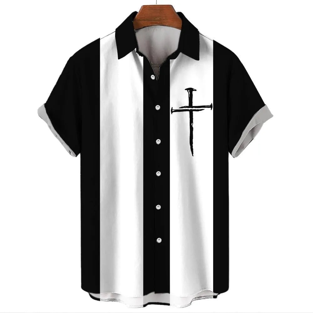 Men's stripe pattern Hawaiian shirt with button-up front and short sleeves in elastic polyester fabric