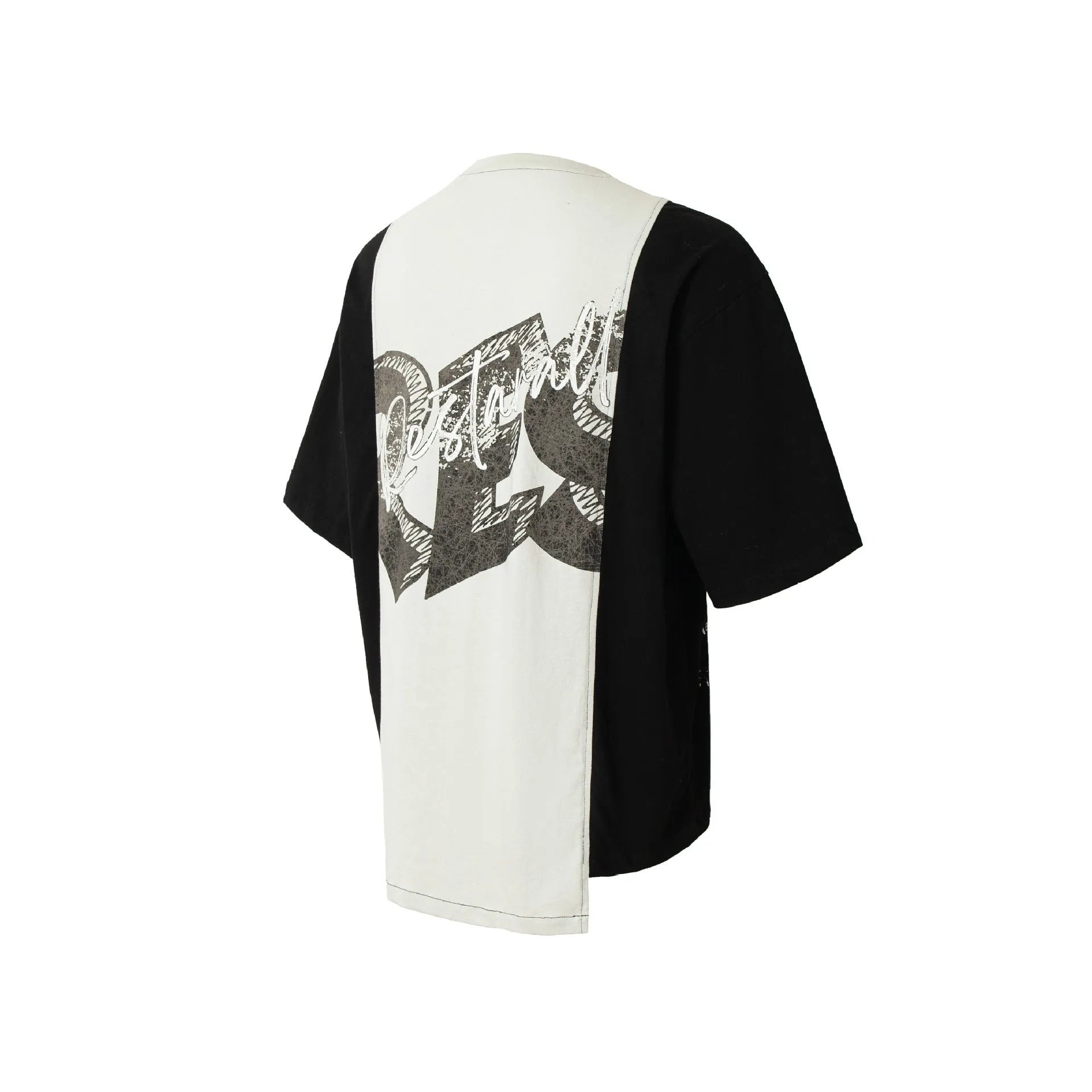 Black and white deconstruction print cotton blend t-shirt with loose streetwear fit