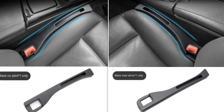 Black car gap storage box with handle placed between vehicle front seats