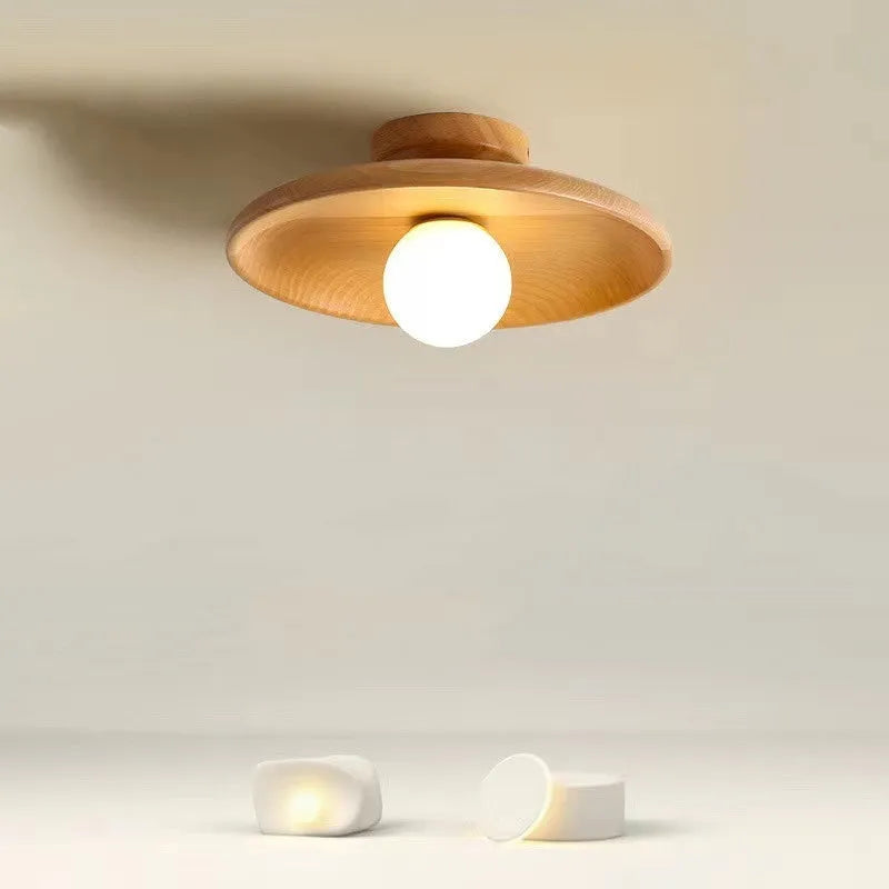 Japanese-style solid wood ceiling lamp for corridor or hallway with warm light, walnut finish