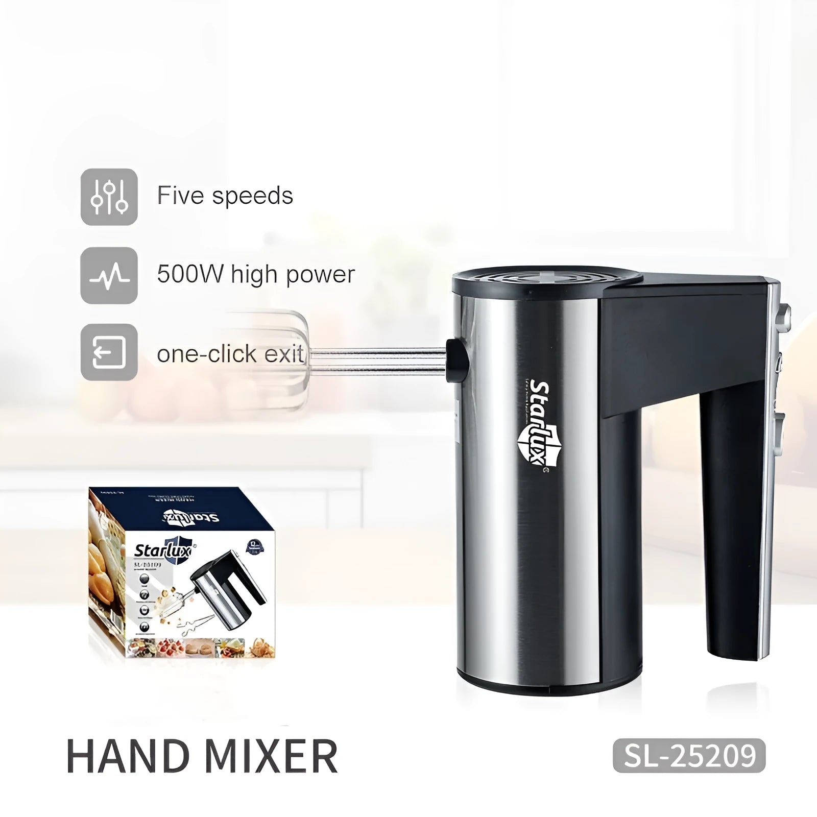 SL-25209 model silver and black 500W hand-held electric mixer with twin beaters on a kitchen worktop.