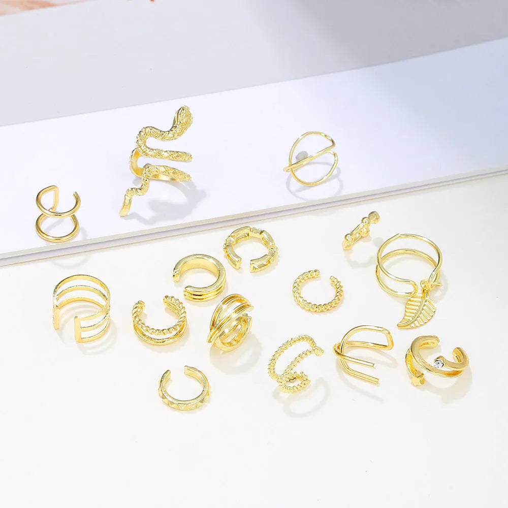 15-piece gold clip-on earring set with geometric round and ring shapes on white background