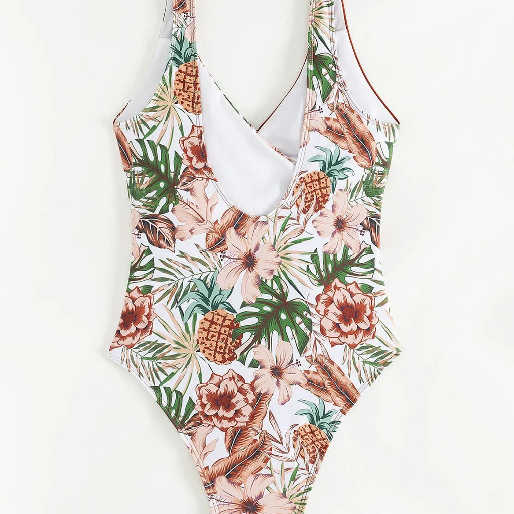 Multicolor tropical plants print one-piece bikini swimsuit for women polyester spandex swimming wading