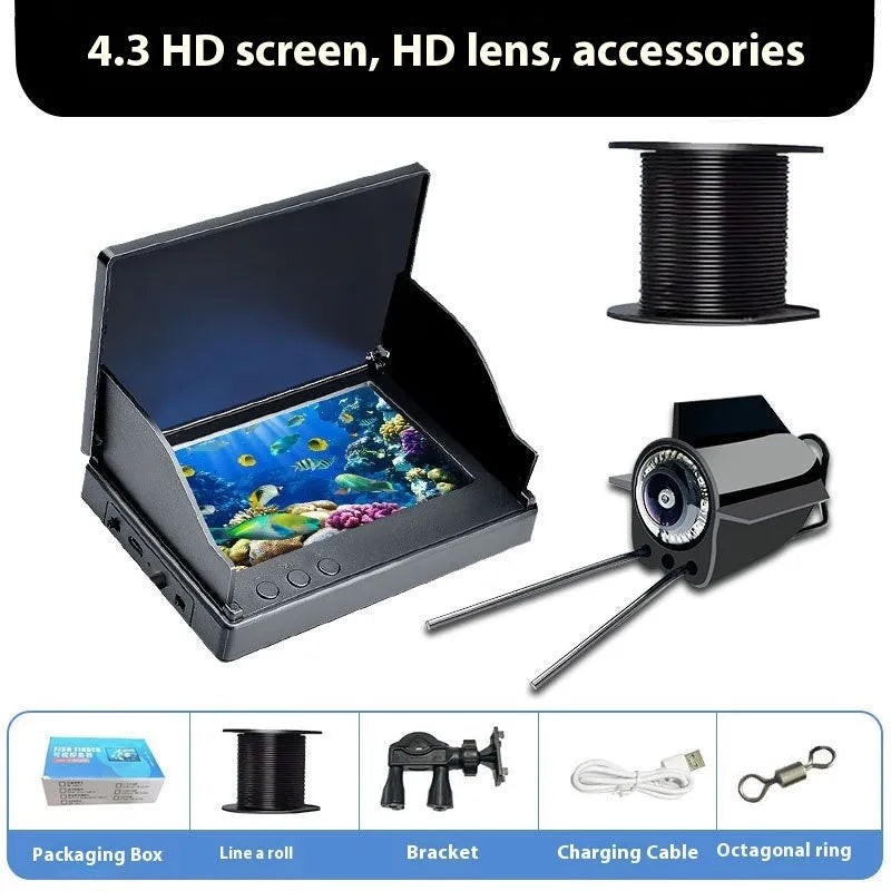 Underwater fish finder camera with 4.3-inch screen showing HD footage of fish, with temperature display and night vision lights.