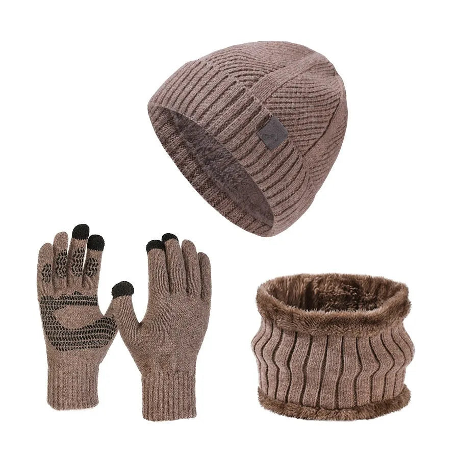 Winter men's wool knit hat scarf gloves three-piece set in gray casual style